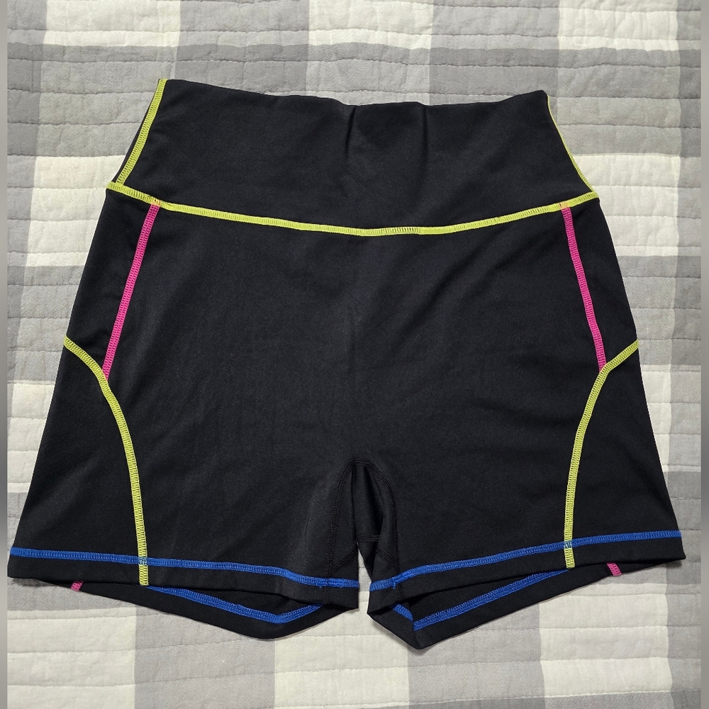Buffbunny Black Athletic Shorts With Pink, Yellow And Blue Stitching